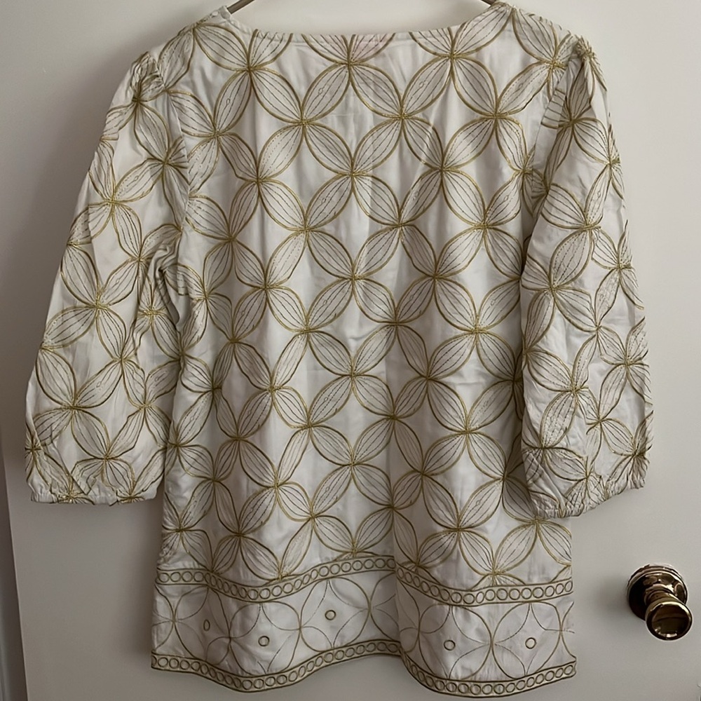 Women’s Lilly Pulitzer Size L Shannon Gold Embroidered Tunic Top 3/4 Sleeves - Picture 2 of 6